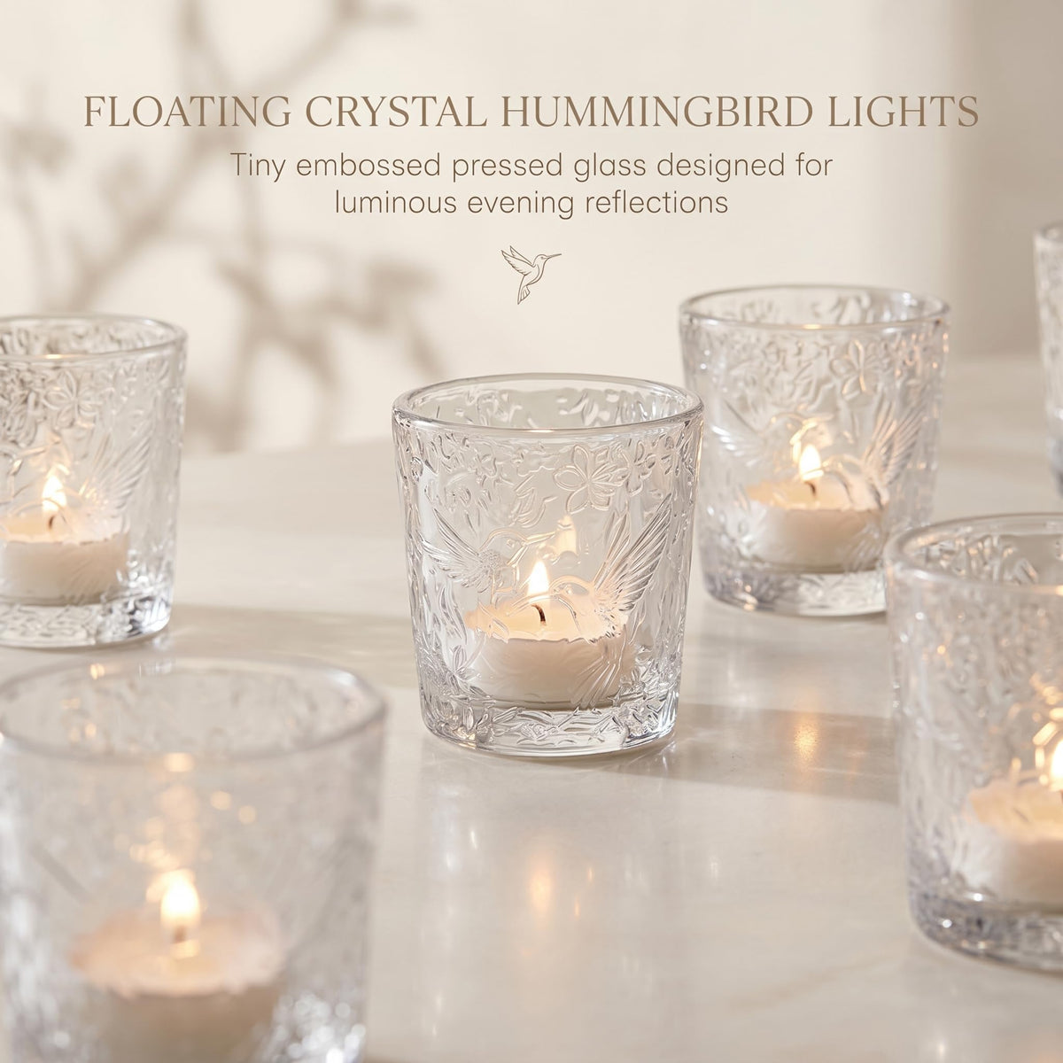 6 Pack Hummingbird Embossed Glass Candle Holders Votive Tealight Holders with Patent Design, Decorative Cups for Wedding Centerpieces, Parties, and Home Decor (Crystal Clear)