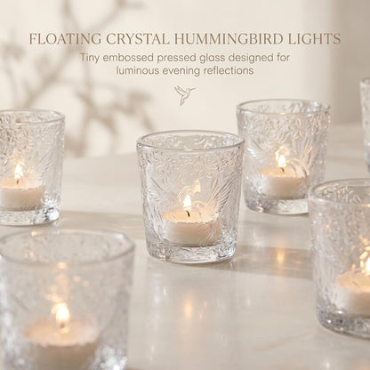12 Pack Hummingbird Embossed Glass Candle Holders – Votive Tealight Holders with Patent Design, Decorative Embossed Glass Cups for Wedding Centerpieces, Parties, and Home Décor (Crystal Clear)