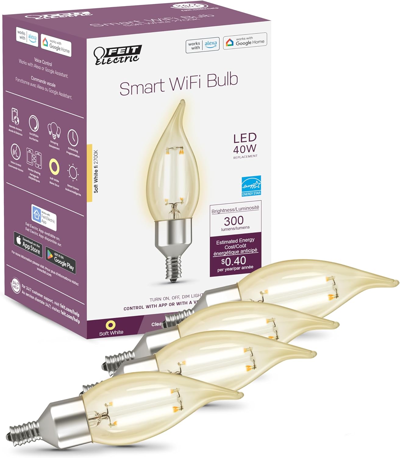 Feit Electric Smart LED Candle Wifi Bulb, Works with Alexa or Google Assistant, E12 base, No Hub, Flame Tip Filament Chandelier Light Bulb, 2700K Soft White, 4 Pack CFC40/927CA/FIL/AG/4