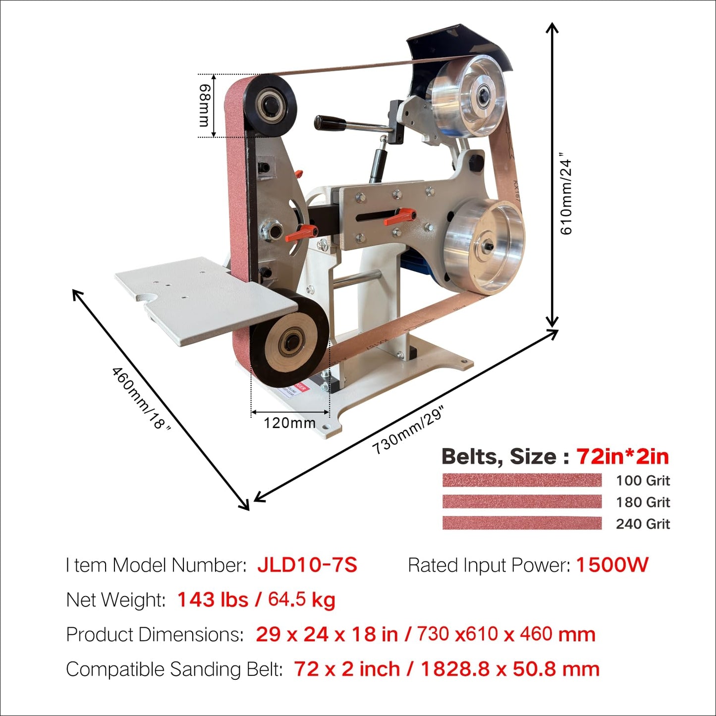 JLD Professional Belt Grinder Sander, 2x72 Inch Belt, 1500W Electric Motor with 2.2KW VFD, 2 sets of grinding kits with 3 grinding methods,Vertical and Horizontal operation includes 3 sanding belts.