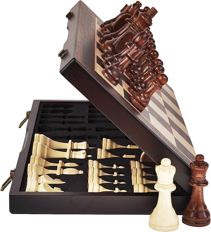17 Magnetic Wooden Chess Set - Large Folding Portable Travel Chess Board - Hand Carved Pieces - Foam Storage Slots - 2 Extra Queens - Tournament and Beginner Play - Adults and Kids