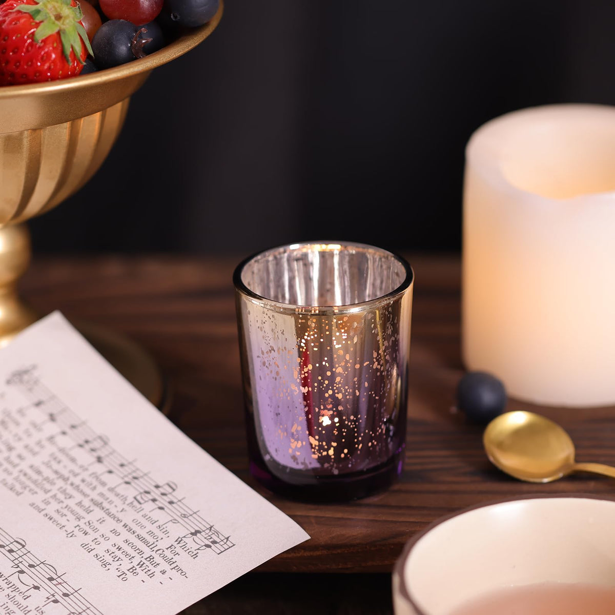 Volens Purple Votive Candle Holders Set of 12, Speckles Mercury Glass Tealight Candle Holder Bulk for Table Wedding Centerpiece, Purple and Gold Party Decorations & Home Decor