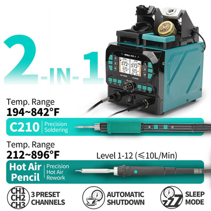 YIHUA 992D-II 2-IN-1 Precision Soldering Kit with Hot Air Pencil and C210 Soldering Iron, Precision Soldering Station with Dynamic LCD Display, Low-Wear Mode, 3 Preset Channels, 8 Hot Air Nozzles