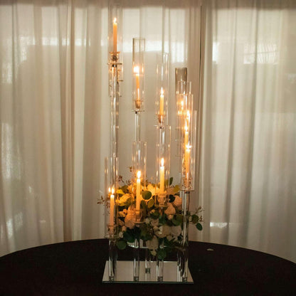 Efavormart 4.5ft Crystal 12-Arm Cluster Glass Candelabra Floral Pedestal Stand, Square Hurricane Taper Candle Holder Stand