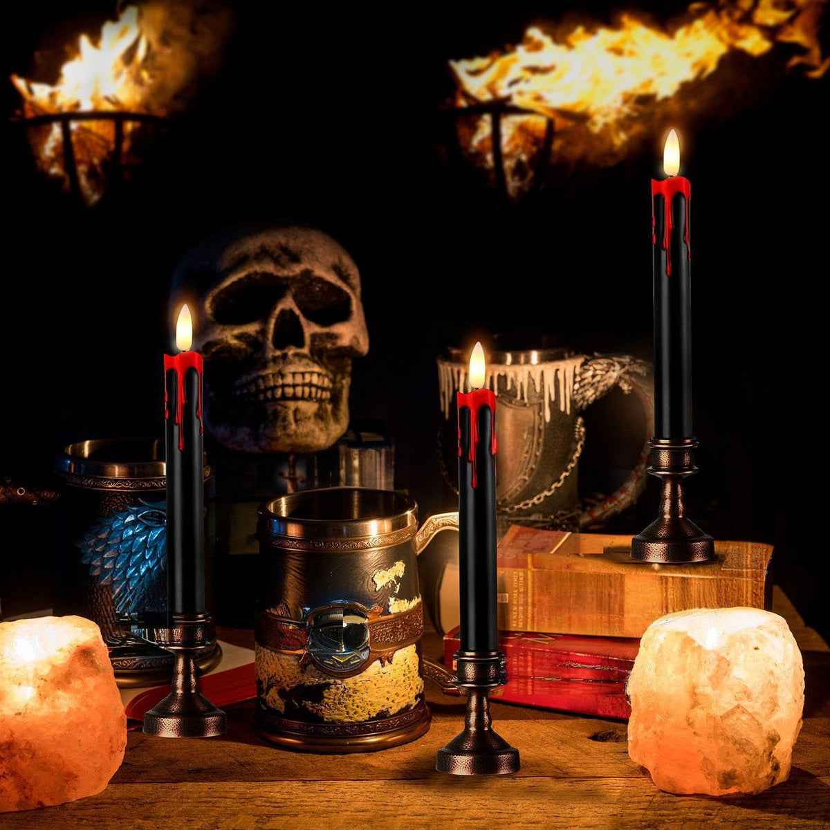 Sratte 6 Sets Halloween Blood Dripping Candle Decoration Led Flameless Candle with Candlestick Holder and Remote Battery Operate Vampire Tears Scary Creepy Decor for Indoor Home (Brown Holder)