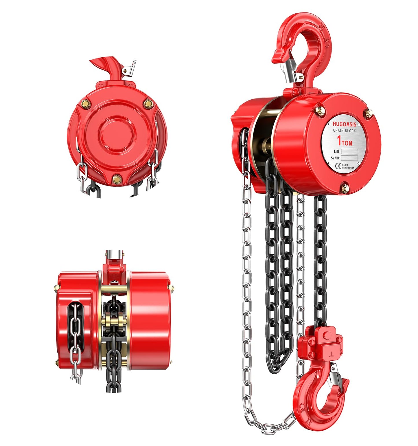 HUGOASIS Manual Chain Hoist 1 Ton 2200 Lbs Capacity 10ft with 2 Heavy Duty Hooks, Chain Fall Block for Warehouse Building Automotive Machinery,Red