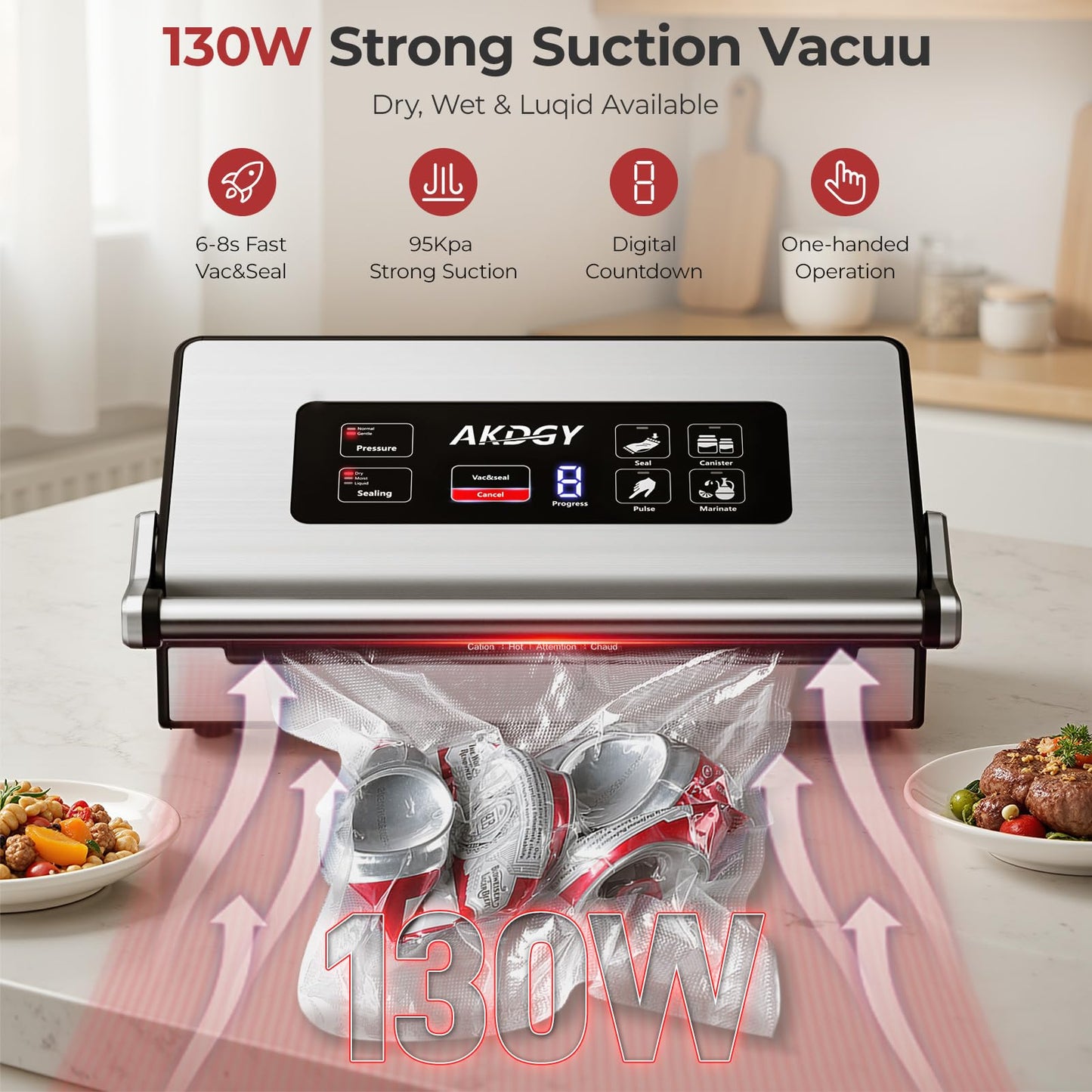 95Kpa Vacuum Sealer Machine，Upgraded Commercial Food Vacuum Sealer, 14-in-1 Functions & Double Heat Seal, Stainless Steel, Large Icons,130W Dual Pumps(25L/Min Suction), Widened Easy-Lock Handle