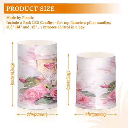 ALAZA ValentineWine Glasses Rose Flameless Candles, LED Pillar Candles with Remote Timer, Battery Operated Candles Set of 2