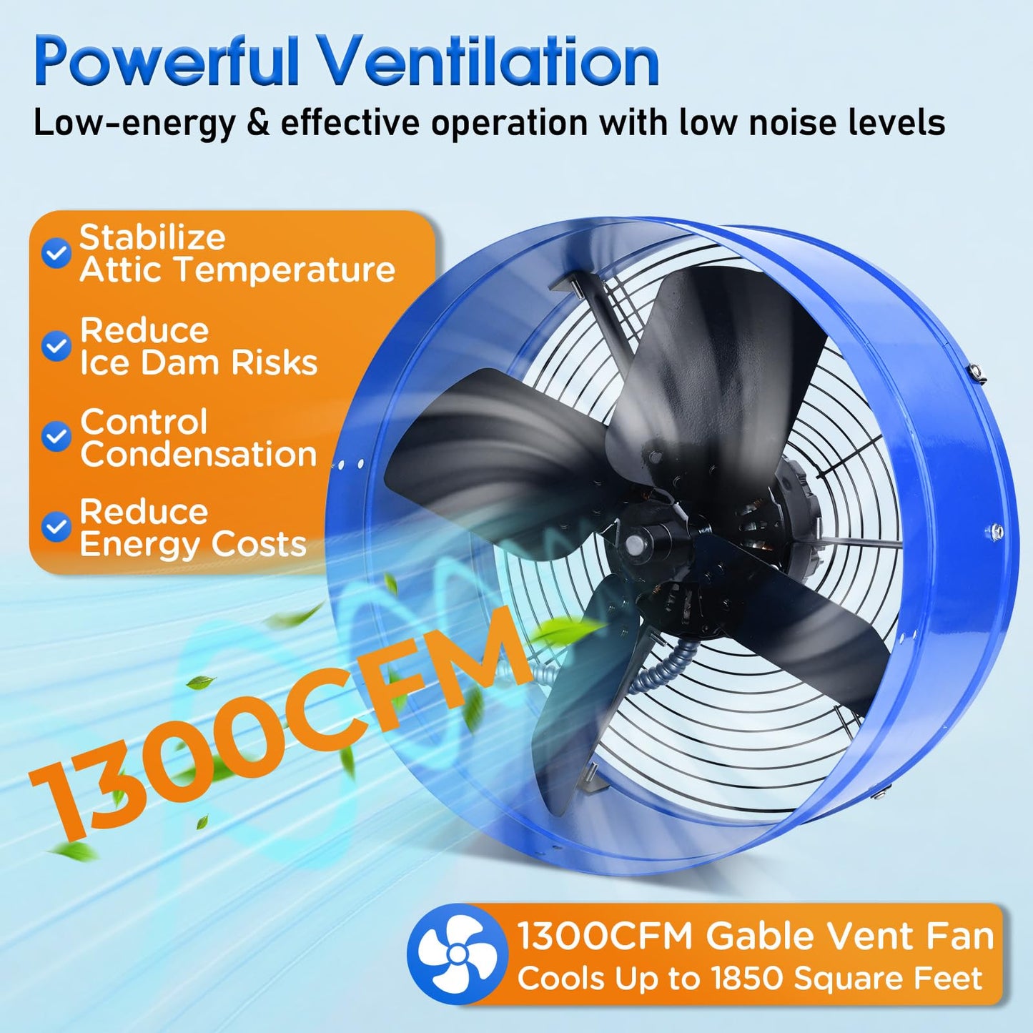 15" Attic Exhaust Fan with Thermostat - 1300CFM Gable Vent Fan with Thermostat Covers 1850 Sq.ft, Plug-and-Play Gable Attic Fans with 20FT Power Cord & 60Hz Motor Low Noise for Home Garage Shed
