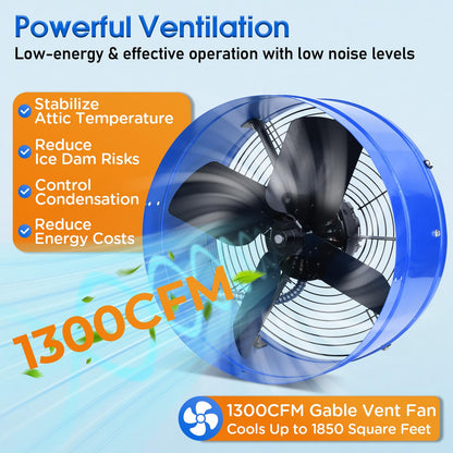 15" Attic Exhaust Fan with Thermostat - 1300CFM Gable Vent Fan with Thermostat Covers 1850 Sq.ft, Plug-and-Play Gable Attic Fans with 20FT Power Cord & 60Hz Motor Low Noise for Home Garage Shed