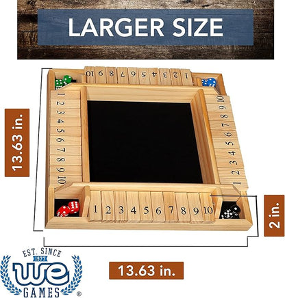 WE Games Shut The Box Board Game - Classic 4 Player Wooden Table Top Dice Game for Family Game Night Natural Wood 14 in. 10 Numbers Classroom Play or Bar Fun for Adults