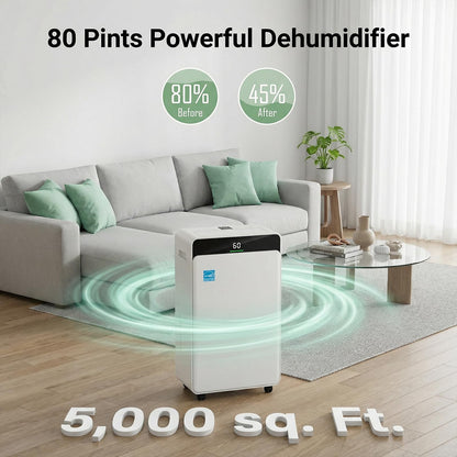 Ludatido 2026 Upgraded ENERGY STAR Dehumidifier, 80 Pint/Day, 5000 Sq.Ft for Whole Home & Basement, 1.72 Gal Tank, 35dB Quiet, Child Lock, Sleep/Fan/Dry Modes, 24H Timer & Auto Continuous Drain