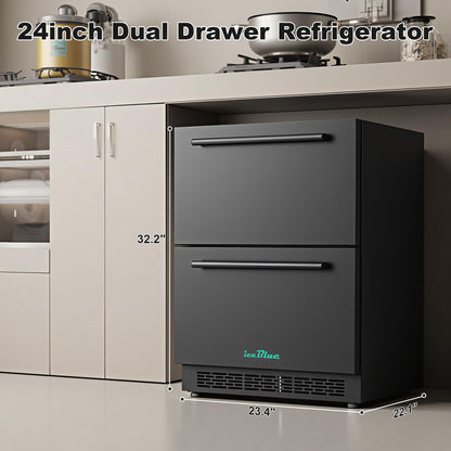Iceblue 24 Inch Under Counter Drawer Fridge, Wine Fridge, Stainless Steel Freestanding Beverage Refrigerator, 34~50℉ Fast Cooling Wine Refrigerator for Home, Bar, Gift (Black)