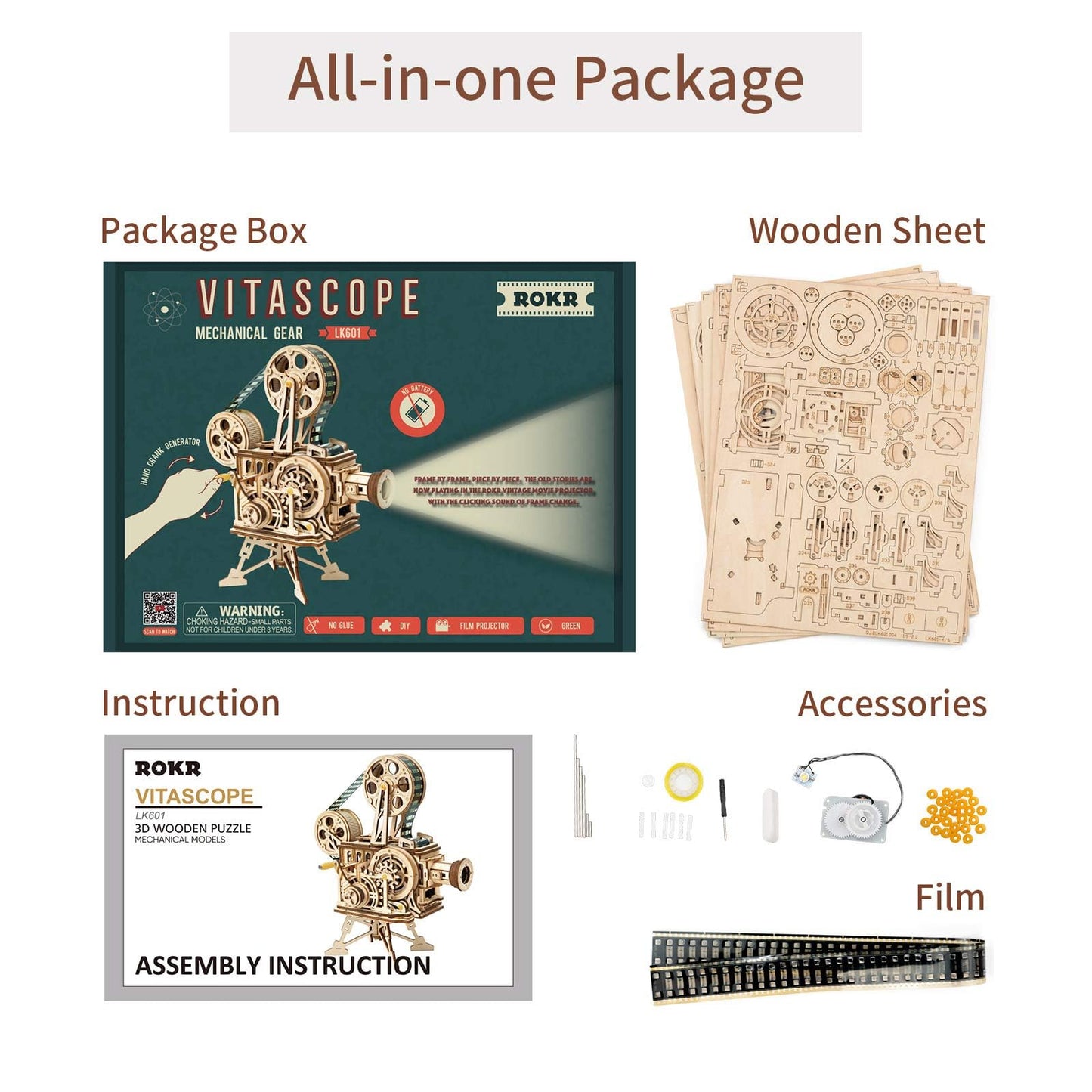ROKR 3D Wooden Puzzles for Adults- 183pcs Mechanical Model Building Kit Wooden Craft Movie Projector Gift for Adults &Teens 14+ (Vitascope)