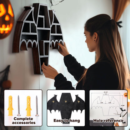 Qmetalart Coffin Shelf with Bat Wings, Wooden Gothic Decor for Display or Storage Rocks Mini Figures, Wall Hanging & Tabletop Crystal Display Shelf Gothic Home Decor
