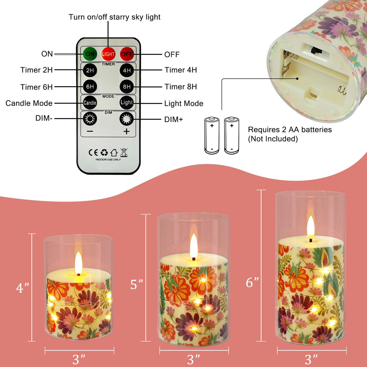 NjaoHoo Flickering Flameless Candles, Recessed String Light LED Candles 3D Wick Acrylic Battery Operated LED Pillar Candles with Remote and Timer for Modern Simple Home Decor Set of 3(Floral Printed)