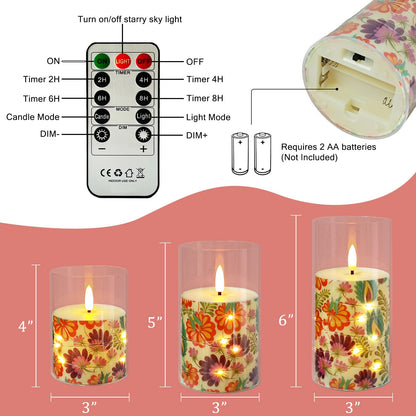 NjaoHoo Flickering Flameless Candles, Recessed String Light LED Candles 3D Wick Acrylic Battery Operated LED Pillar Candles with Remote and Timer for Modern Simple Home Decor Set of 3(Floral Printed)
