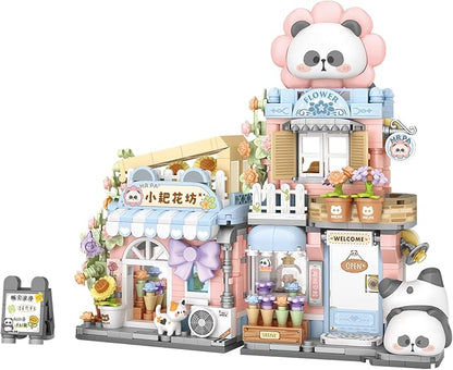 Mini City Shop Street View Building Blocks Model SetSimulation Panda Architecture Collection Particle Construction Building Bricks ToyHome Decor (Flower Shop)
