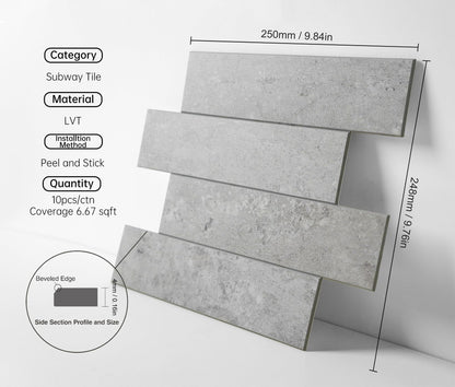 Colamo 10pcs Peel and Stick Backsplash Tiles, Thicker Self Adhesive Subway Tiles, Faux Stone Matt Tile fo Kitchen Backsplash, Stick on Accent Wall for Living Room, RV, Bedroom, Fireplace, Light Gray