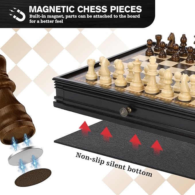 Peradix Magnetic Chess Checkers Board Sets with 2 Built-in Storage Drawers12.8 Classic 2 in 1 Wooden Games with 2 Extra Queens for Kids and AdultsTravel Portable Chess Game Set