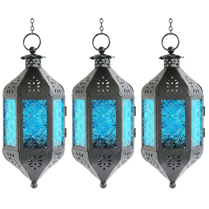 Vela Lanterns Hanging Moroccan Lamp - Exotic Decorative Patio & Porch Decor, Indoor Outdoor Tea Light Candle Lantern Holder with Chain (11" Medium, Blue Glass, 3-Pack)