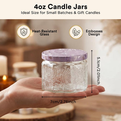 12 Pack 4oz Glass Candle Jars with Lids, Hexagon Embossed Candle Making Containers, Empty Candle Jars with 20 Wicks & Labels for DIY Candle Making, Party Favors, Home Decor