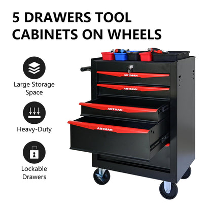 KEIKI Rolling Metal Tool Box with 5 Drawers, 20" 5 Drawer Tool Box with Ball Bearing Drawer Slides, Steel Tool Storage Box Organizer, Black