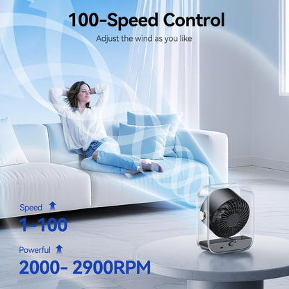 KIMMOO Rechargeable USB Desk Fan - Quiet Turbo Airflow Table Fan with 100 Speeds & 90° Rotation | Black