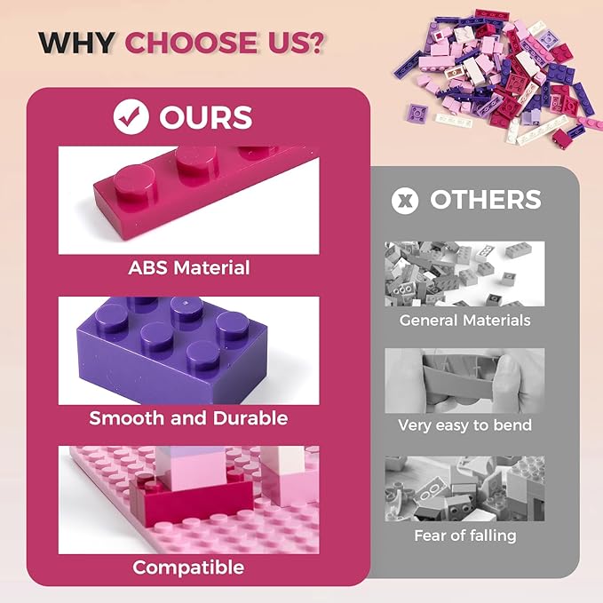 1000 Pieces Classic Building Bricks Classic Stackable Base Plates 3 6.3 x 6.3 White Pink and Purple Base Plates Compatible with All Major Brands Toys for Ages 6-7-8-13 Girls