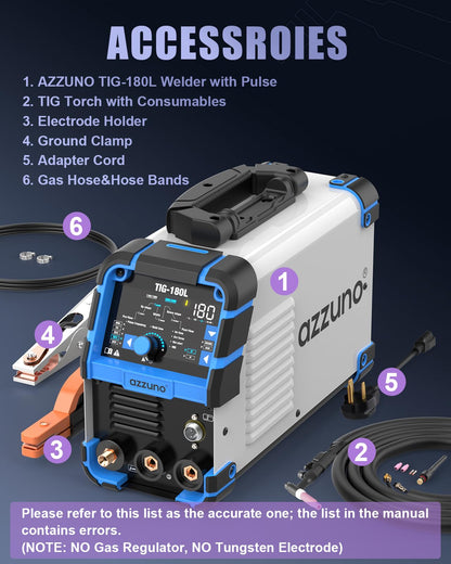 AZZUNO Cold TIG Welder With Pulse 180Amp Large LED Display, 5-in-1 DC HF TIG/PULSE TIG/COLD/SPOT TIG/STICK, 110V&220V Dual Voltage TIG Welding Machine