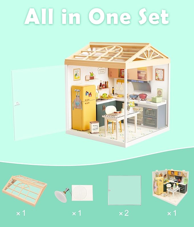 DIY Miniature Kitchen Dollhouse Kit with LED Light Dust-Proof Door &amp Roof - Cozy Home Cooking Room Creative Building Set for Adults &amp Teens - Immersive Craft Kit for Handmade Decor &amp Gift