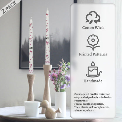 Floral Taper Candles 10 Inch Tall Unscented Handmade Bows and Hearts Print Long Burning Elegant Candlesticks for Wedding Dinner Home Decor