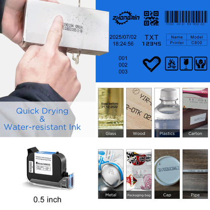 ZHONGMIN Handheld Inkjet Printer with 42ml Quick-Drying Ink Cartridge, Portable Ink Jet Coding Machine for Text/Date/Batch Number/QR Code/Barcode/Logo, Print Height from 0.08 to 0.5 Inch (ZM-C800)