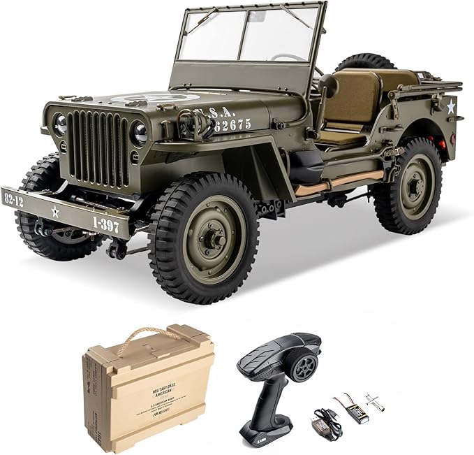 WOWRC RocHobby 1/12 1941 MB Scaler RC Jeep 4x4 Hobby Grade RTR RC Car Mini RC Rock Crawler Military 2.4Ghz RC Truck with LED Lights Battery and USB Charger for Adults