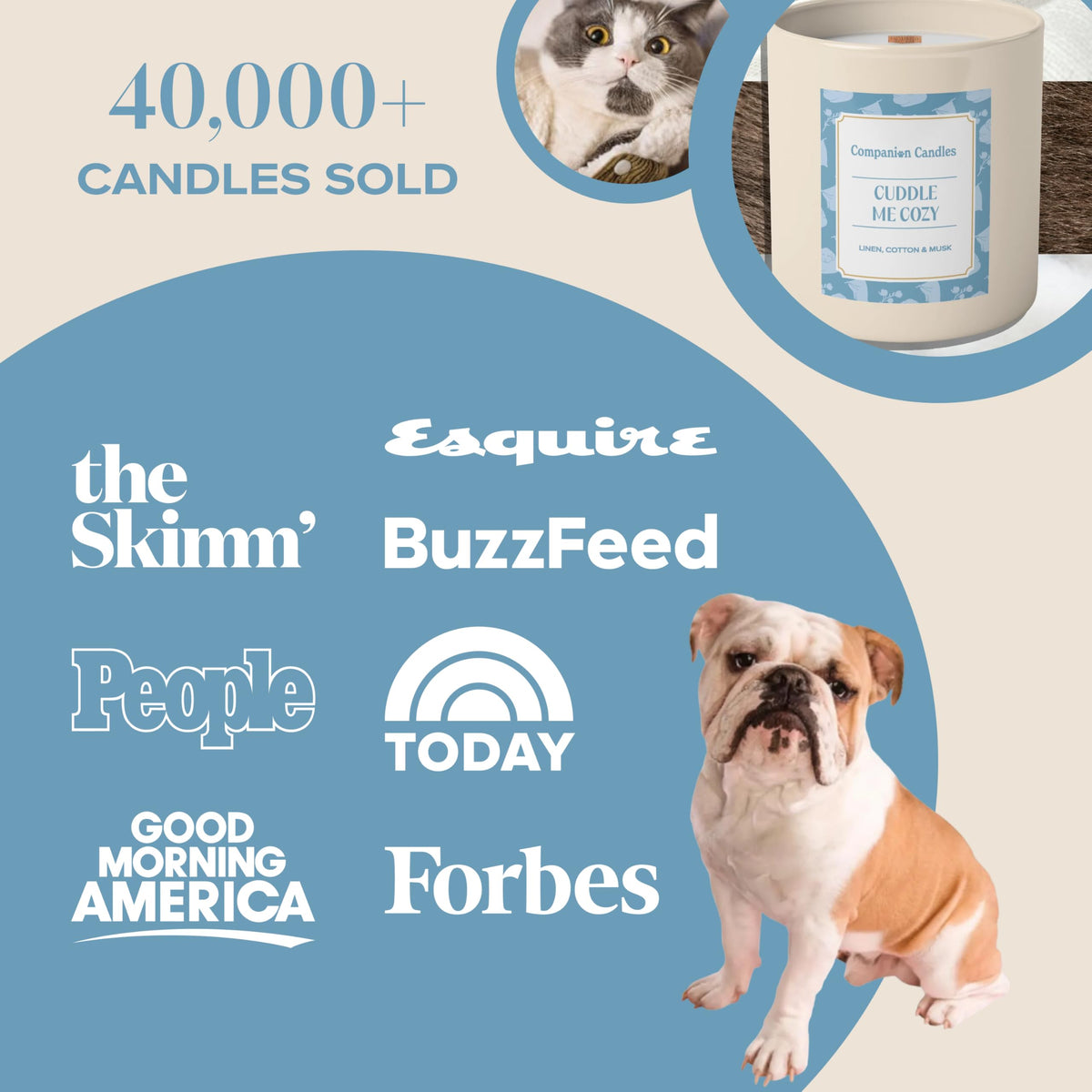 Companion Candles Cuddle Me Cozy Pet-Friendly Scented Candle – Linen, Cotton & Musk Fragrance - Coconut Soy Wax Candle with Wooden Wick, Approx. 50-Hour Burn Time, Made in USA, 11.8 oz