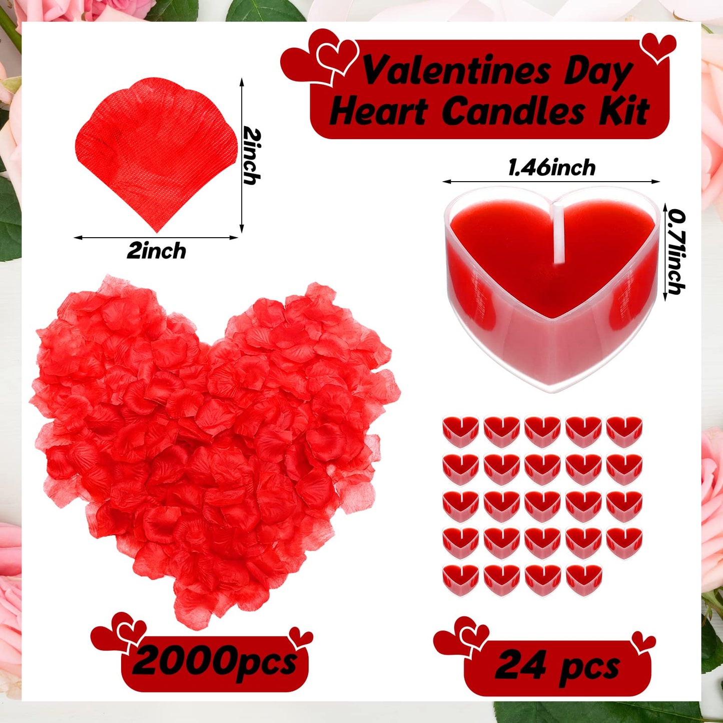 Giegxin 2000 Pcs Red Rose Petals with 24 Pcs Heart Tealight Candles for Romantic Night for Her Set Valentine's Day Anniversary Wedding Table Decor Home Party Gift