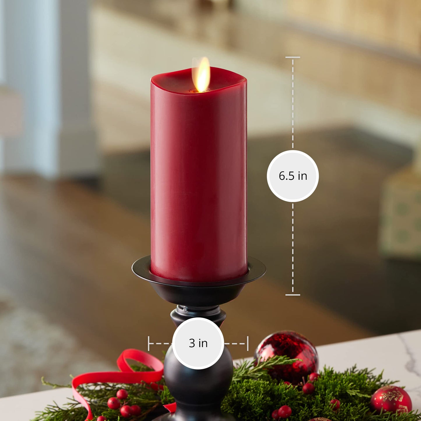 Luminara Flameless Flickering Melted Edge 3" x 6.5" Candle, Battery Operated & Timer Function, Remote Ready (Sold Separately), Unscented Paraffin Burgundy Wax LED Light Pillar, Christmas Holiday Décor