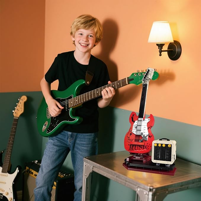 Rock Guitar Interactive Building Block Set Creative Construction Model Toy with Display Stand DIY Collectible for Home Decor for Adults (No Bluetooth Function)
