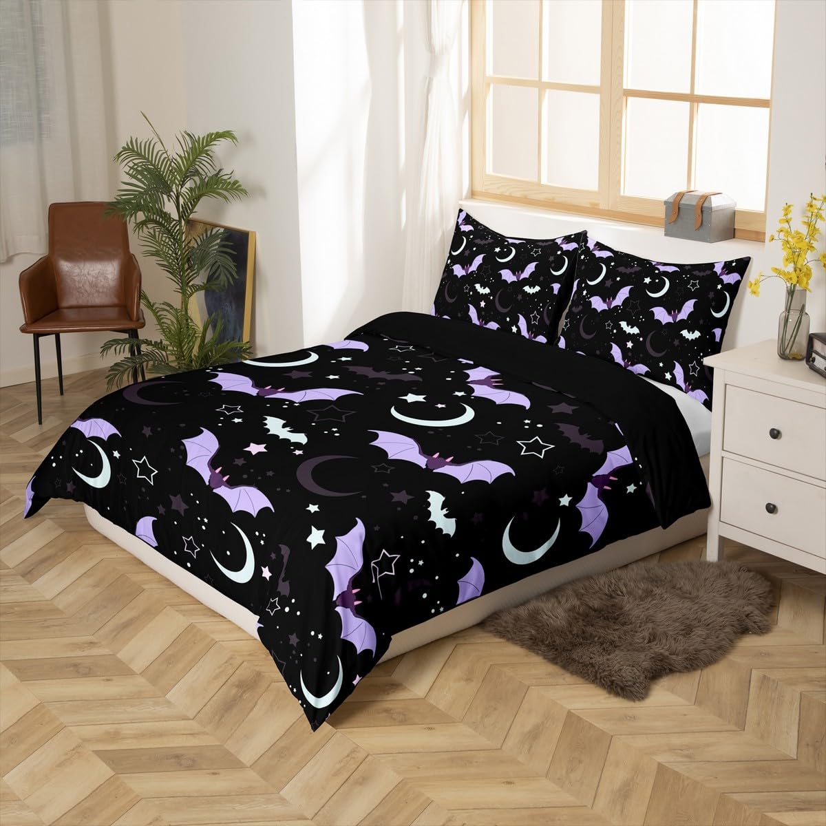 Halloween Bat Duvet Cover Set King Size Cute Moon Starry Night Sky Bedding Set 3Pcs Purple Black White Comforter Cover for Kids Girls Boys Room Decor Kawaii Cartoon Animal Quilt Cover,2 Pillowcases