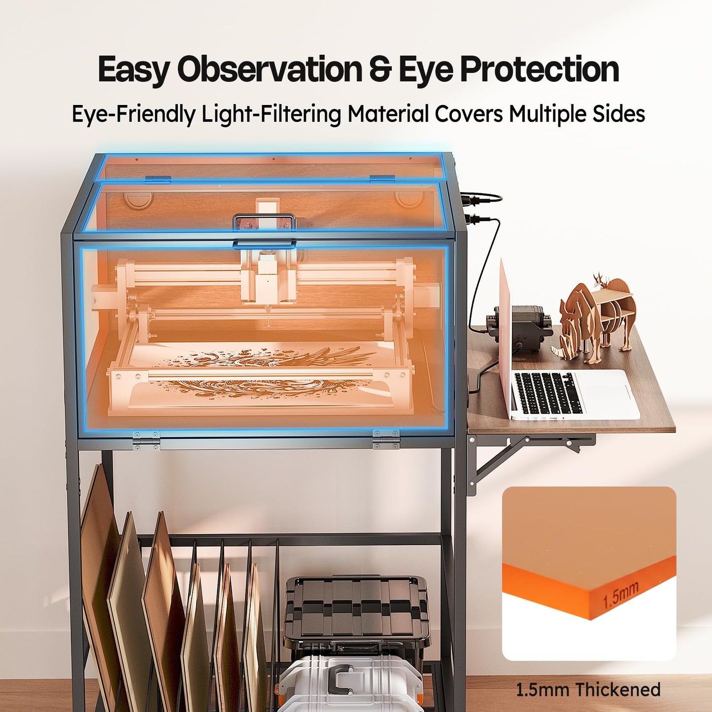 Crafit Laser Engraver Enclosure Cabinet with Exhaust, Laser Engraving Table with Ventilation Fan, Heavy Duty Laser Cutter Protective Cover Tent with Eye Protection, Insulates against Noise Fumes Odors