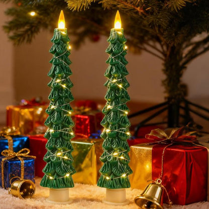 Eynshoo 2-Pack Christmas Tree Flameless LED Candles with String Lights, Realistic 3D Flickering Flame, Remote Control, Battery-Operated Christmas Decorations for Home & Holiday Display