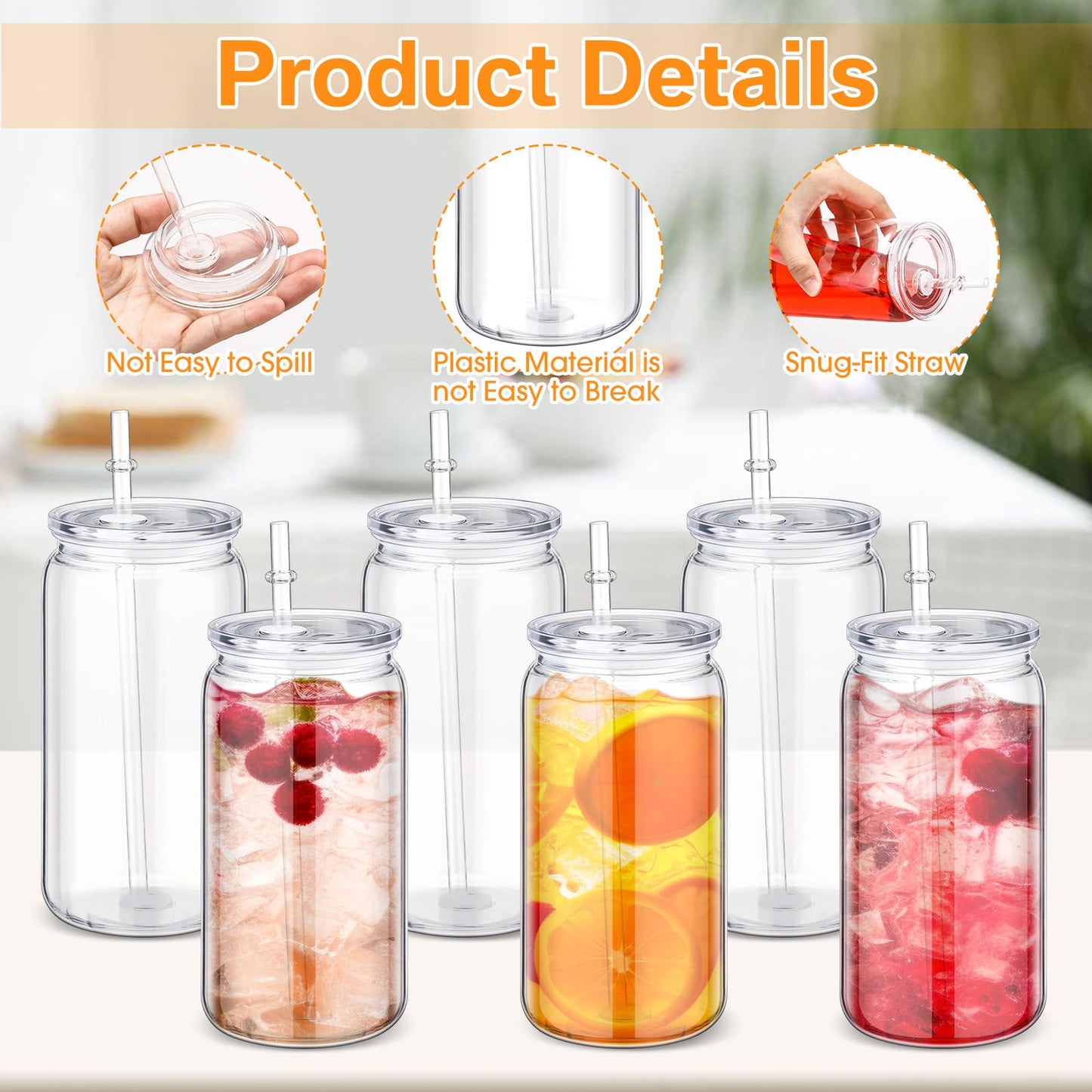 Blushtier 6 Pack 16 oz Plastic Cups Mason Jar Coffee Cup with Lid Clear Tumblers with Lid and Straw Round Bottom Plastic Cups for Iced Coffee Juice Reusable Milk Beverage Party (Clear)