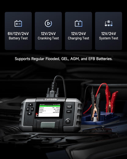 TOPDON BT600 Plus Car Battery Tester, Battery Alternator for 6V/12V/24V Battery Tests, 12V/24V Cranking/Charging/System Testing, 3.5" Screen with Built-in Printer