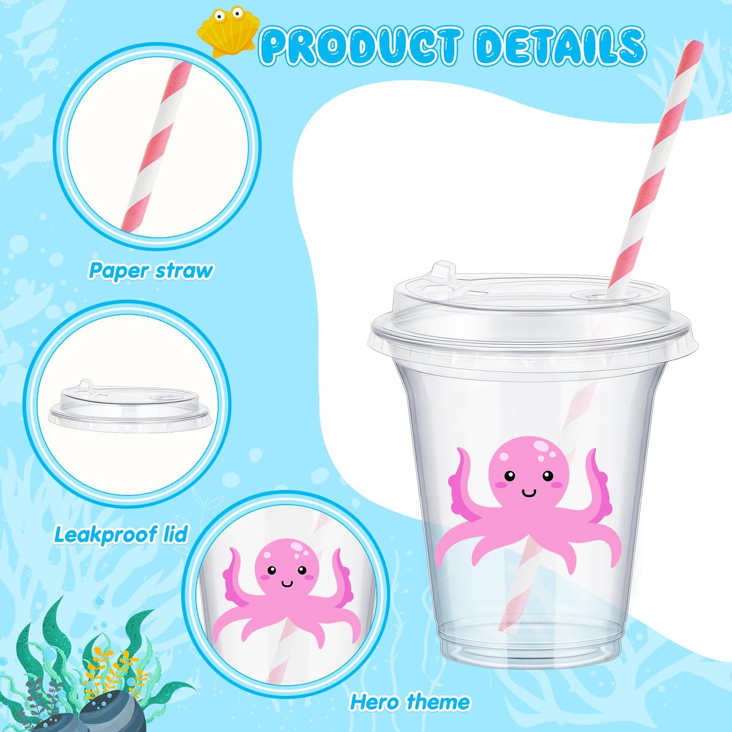 Boao 36 Sets Under the Sea Ocean Party Cups with Lids and Paper Straws 14 oz Summer Sea Birthday Party Supplies Beach Pool Disposable Clear Plastic Cups Bulk