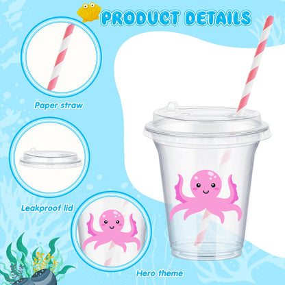 Boao 36 Sets Under the Sea Ocean Party Cups with Lids and Paper Straws 14 oz Summer Sea Birthday Party Supplies Beach Pool Disposable Clear Plastic Cups Bulk