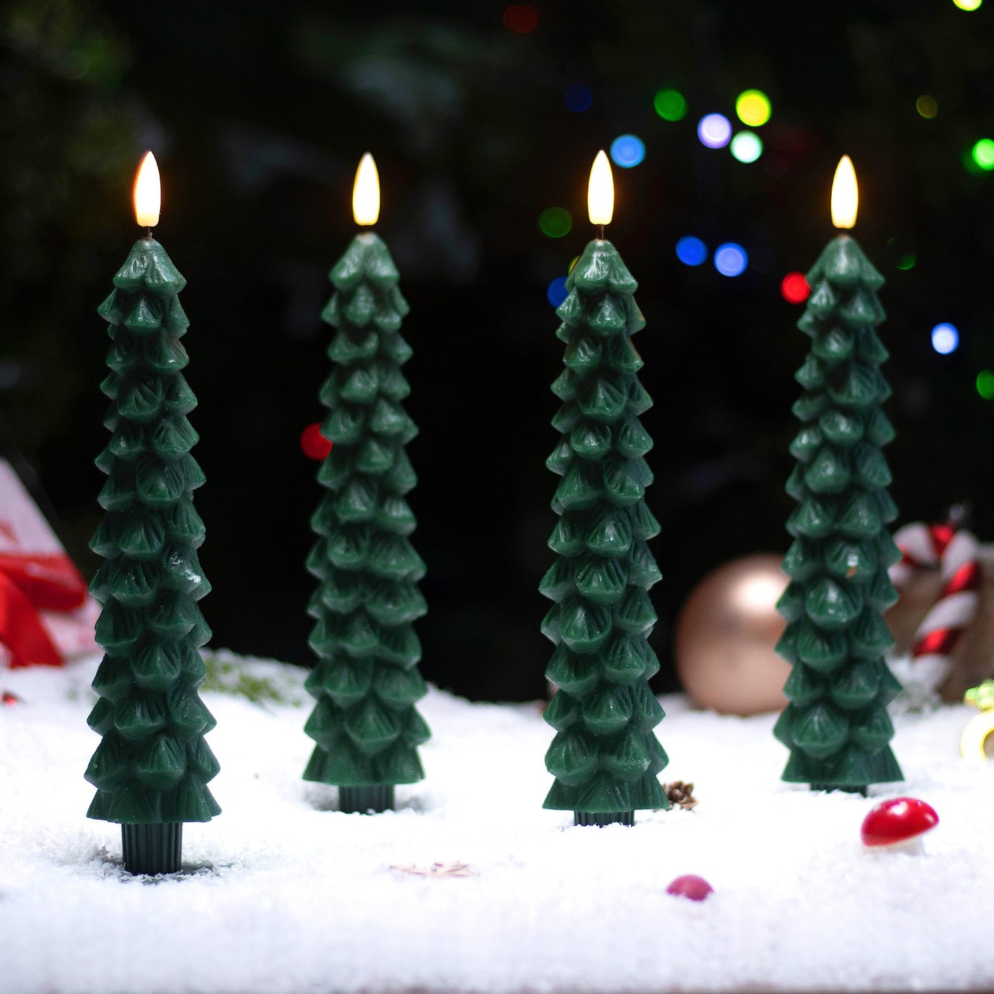 Stmarry 4 PCS Flameless Christmas Tree Candles with Remote Timer, Real Wax Flameless Taper Candles 9.65 Inch, LED Candlesticks with 3D Flickering Flame, Christmas Decor Candles Battery Operated
