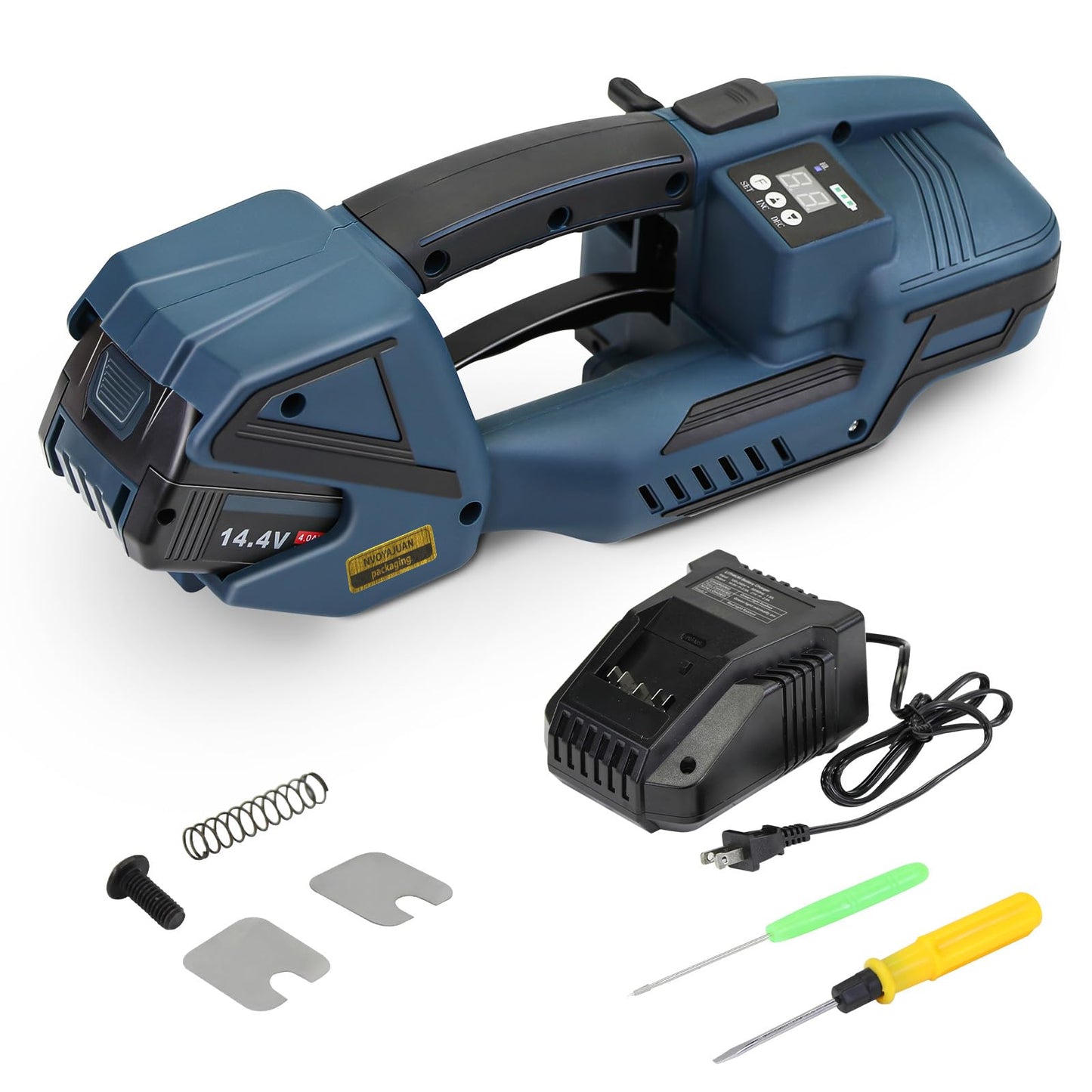 NVOYAJUAN Hand-held Electric Strapping Machine 2 × 4000mAh Batteries, 1/2-5/8in PP/PET Strapping Compatible Hot Melting, Automatic Tensioning Tool for Quick Packaging of Boxes & Pallets(NYJ-V2)