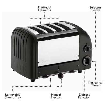 Dualit Classic 4 Slice NewGen Toaster - Stainless Steel - Hand Built in the UK - Replaceable ProHeat elements - Defrost Bread - Mechanical Timer - Matt Black Classic Toaster