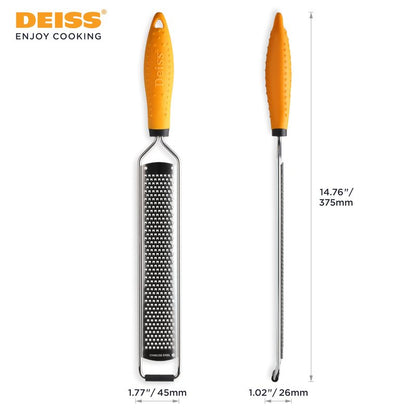 Deiss PRO Lemon Zester & Heavy Duty Cheese Grater & Vegetable Grater - Parmesan Cheese Lemon, Garlic, Nutmeg, Chocolate, Fruits, Vegetables, Ginger Grater - Cheese Shredder & Stainless Steel Grater