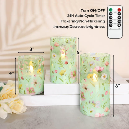 Impress Life Spring Decor Flameless Candles with Remote, 3PC Battery Operated Real Wax LED Candle, Pink Floral Decals with Flickering 3D Wick for Home Centerpiece